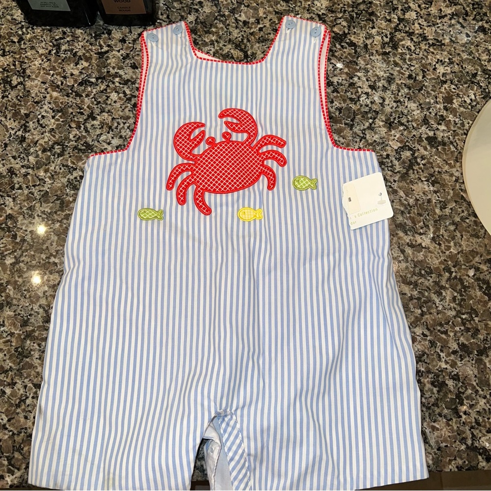 Claire and Charlie Baby boy Crab overall shortall pinstripe blue 18m  New